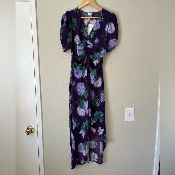 NWT A New Day Purple Floral Ruched Puff Sleeve High Low Midi Dress Women’s M - Picture 2 of 7